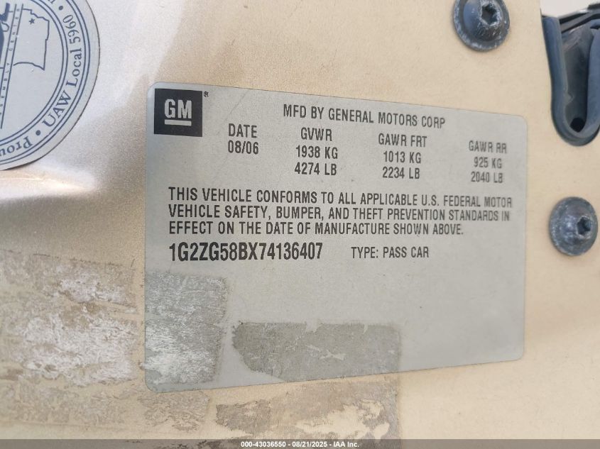 2007 Pontiac G6 VIN: 1G2ZG58BX74136407 Lot: 43036550
