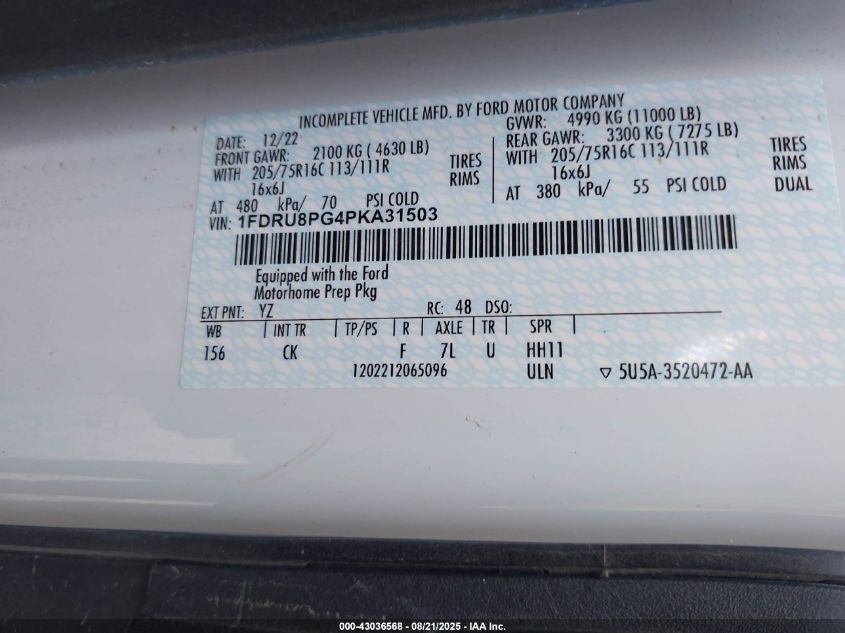 2023 Ford Transit-350 Cutaway VIN: 1FDRU8PG4PKA31503 Lot: 43036568