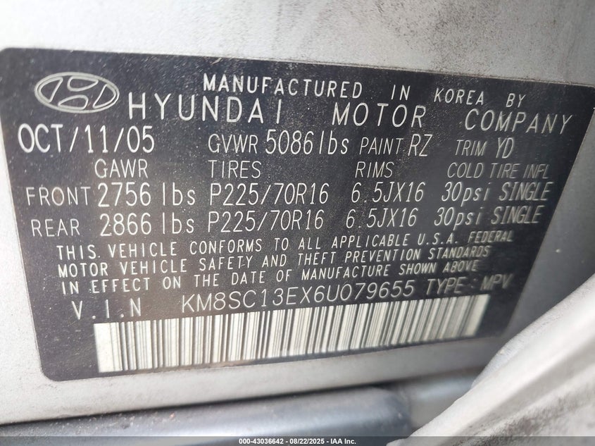 2006 Hyundai Santa Fe Gls/Limited VIN: KM8SC13EX6U079655 Lot: 43036642