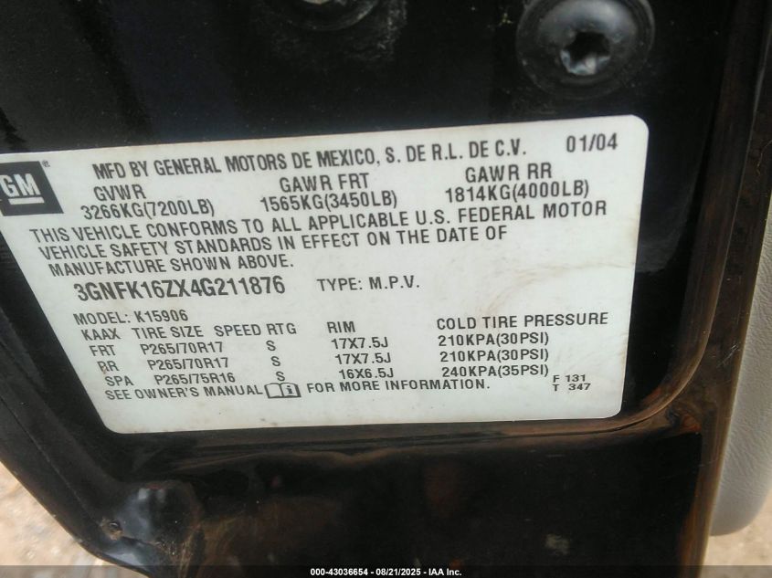 2004 Chevrolet Suburban 1500 Z71 VIN: 3GNFK16ZX4G211876 Lot: 43036654