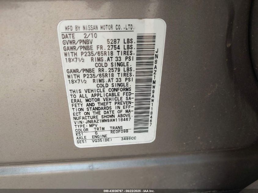 2010 Nissan Murano Sl VIN: JN8AZ1MW9AW118467 Lot: 43036767