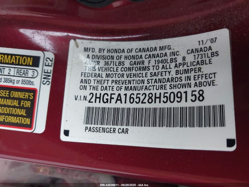 2008 Honda Civic Lx VIN: 2HGFA16528H509158 Lot: 43036811