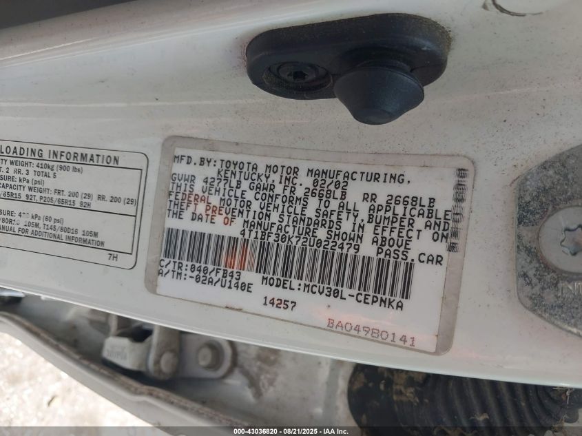 2002 Toyota Camry Le V6 VIN: 4T1BF30K72U022479 Lot: 43036820