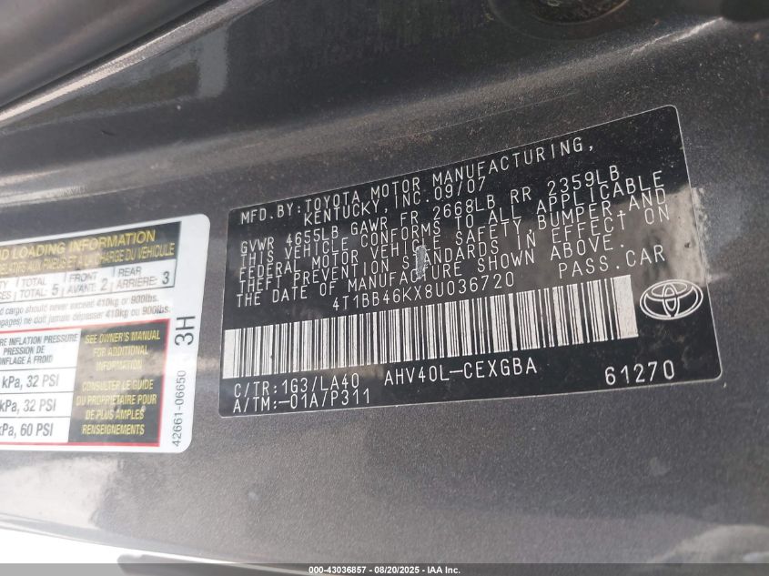 2008 Toyota Camry Hybrid VIN: 4T1BB46KX8U036720 Lot: 43036857