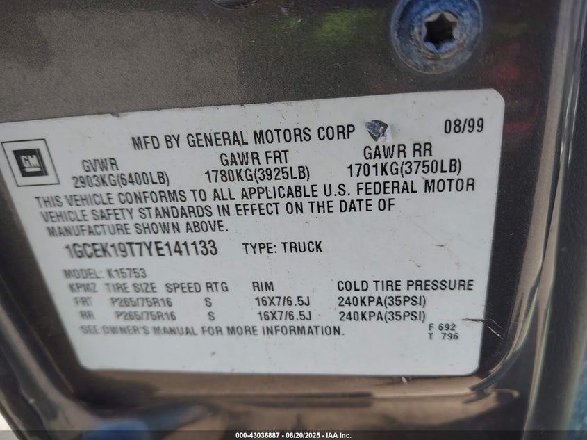 2000 Chevrolet Silverado 1500 Ls VIN: 1GCEK19T7YE141133 Lot: 43036887