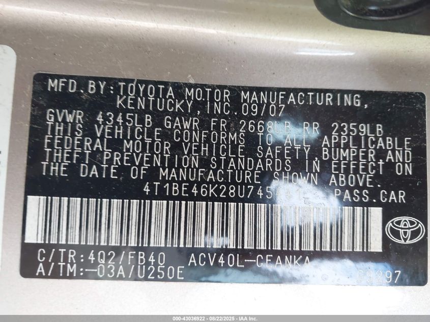 2008 Toyota Camry Le VIN: 4T1BE46K28U745441 Lot: 43036922