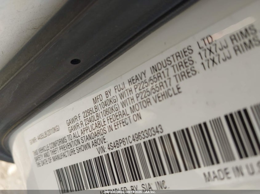 2009 Subaru Outback 2.5I VIN: 4S4BP61C496330343 Lot: 43036935