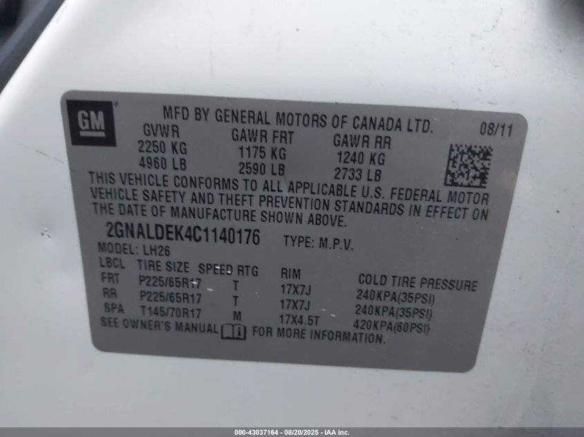 2012 Chevrolet Equinox 1Lt VIN: 2GNALDEK4C1140176 Lot: 43037164