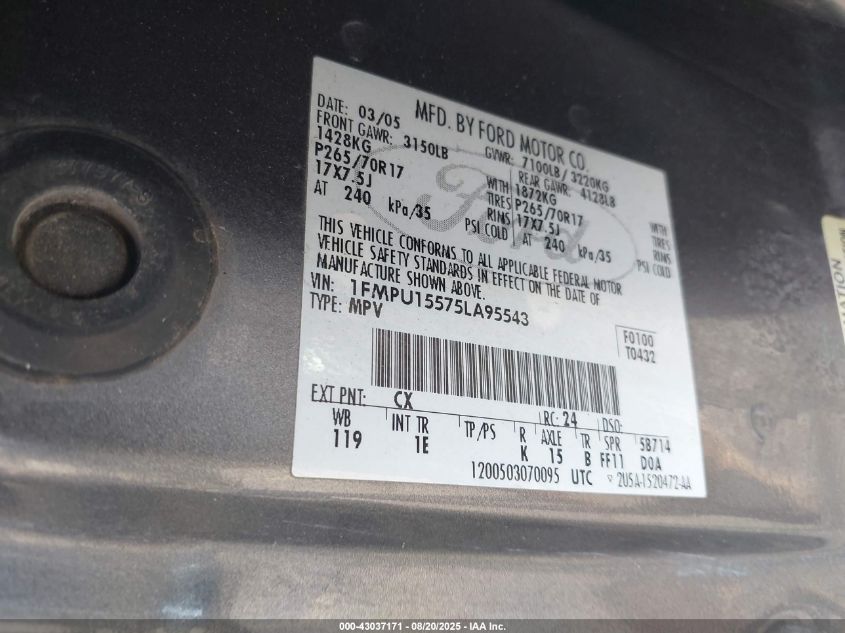 2005 Ford Expedition Xlt VIN: 1FMPU15575LA95543 Lot: 43037171