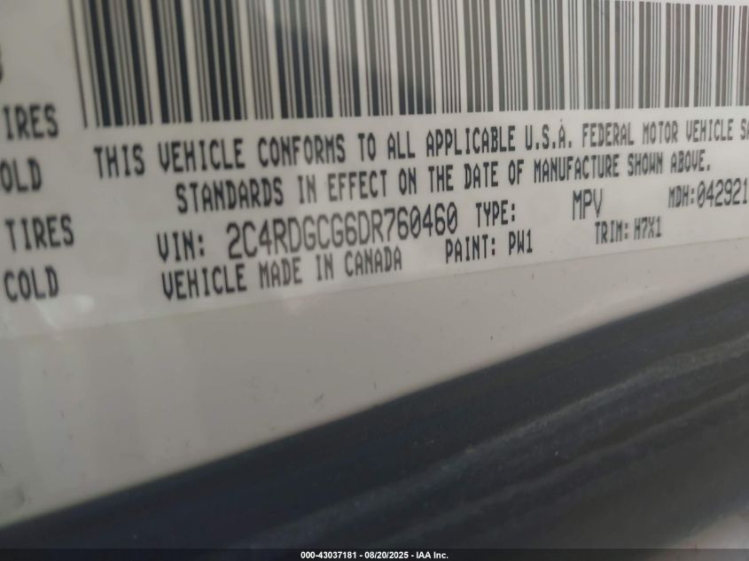 2013 Dodge Grand Caravan Sxt VIN: 2C4RDGCG6DR760460 Lot: 43037181