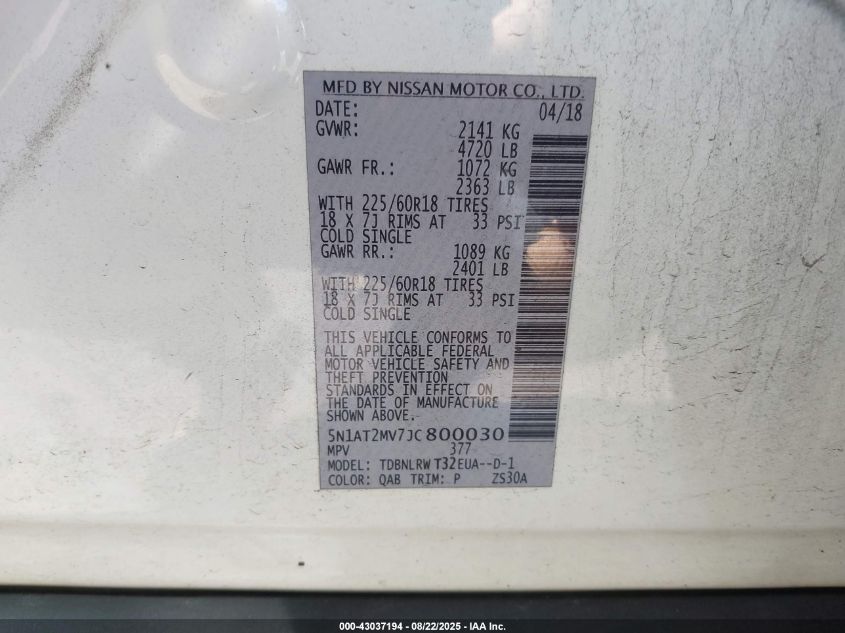 2018 Nissan Rogue Sl VIN: 5N1AT2MV7JC800030 Lot: 43037194