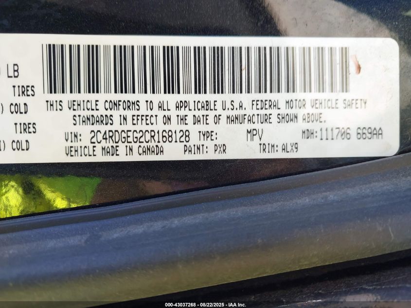 2012 Dodge Grand Caravan R/T VIN: 2C4RDGEG2CR168128 Lot: 43037268