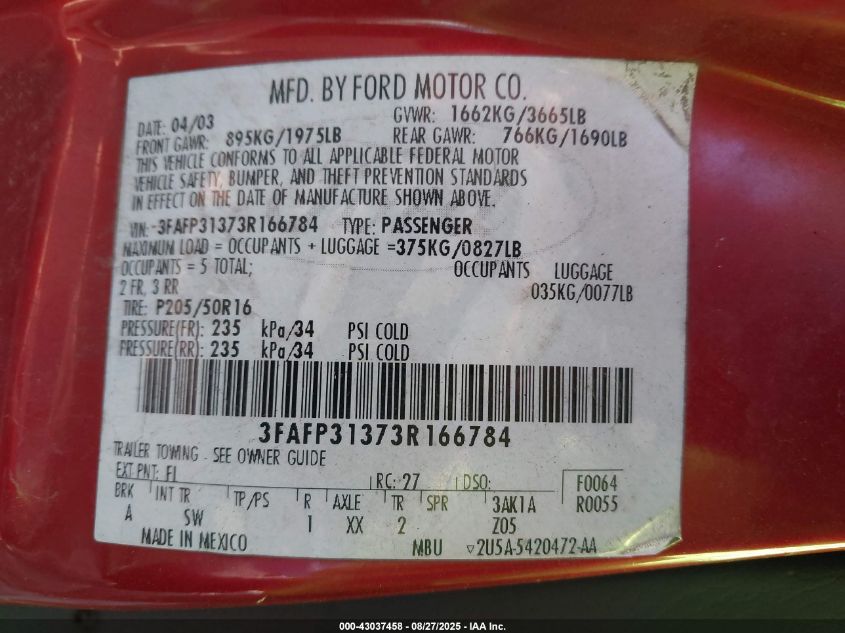 2003 Ford Focus Zx3 VIN: 3FAFP31373R166784 Lot: 43037458