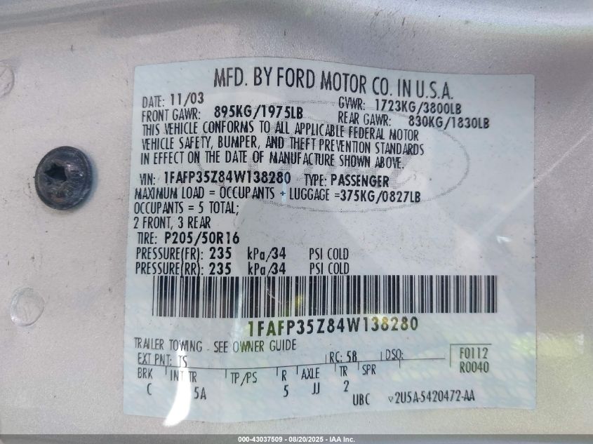 2004 Ford Focus Ztw VIN: 1FAFP35Z84W138280 Lot: 43037509