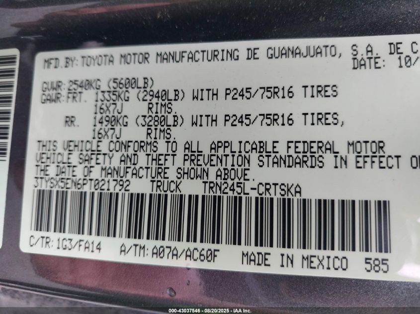 2023 Toyota Tacoma Sr VIN: 3TYSX5EN6PT021792 Lot: 43037546