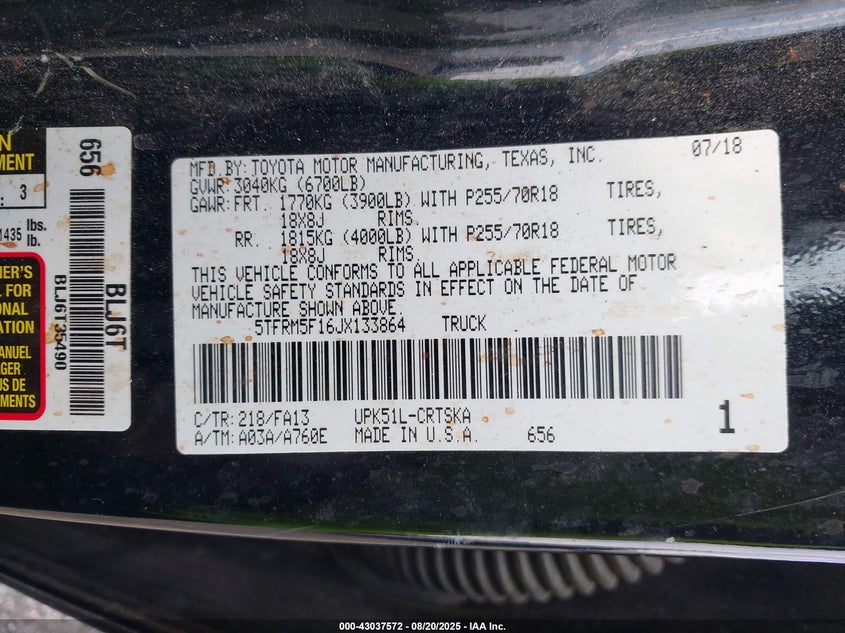 2018 TOYOTA TUNDRA SR 4.6L V8 - 5TFRM5F16JX133864