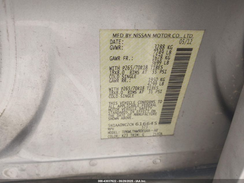 2012 Nissan Armada Sv VIN: 5N1AA0NC2CN616645 Lot: 43037622