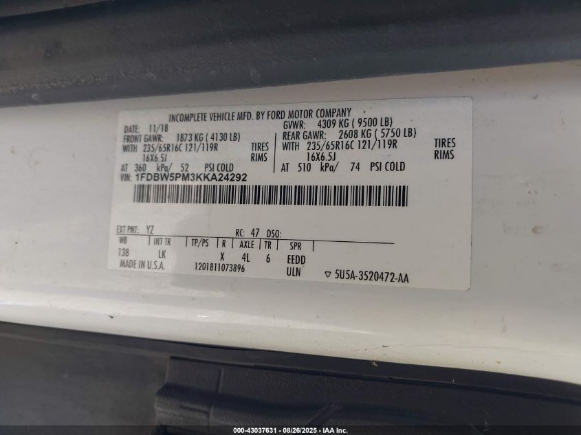 2019 Ford Transit-350 Cutaway VIN: 1FDBW5PM3KKA24292 Lot: 43037631