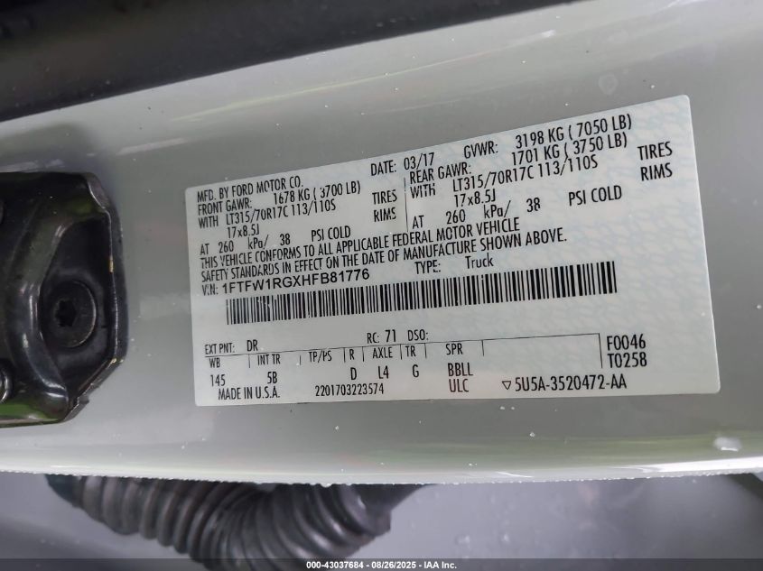 2017 Ford F-150 Raptor VIN: 1FTFW1RGXHFB81776 Lot: 43037684