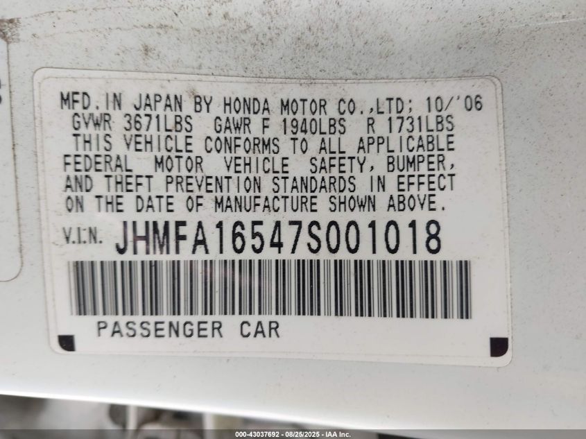 2007 Honda Civic Lx VIN: JHMFA16547S001018 Lot: 43037692