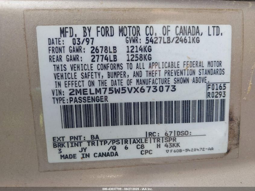 1997 Mercury Grand Marquis Ls VIN: 2MELM75W5VX673073 Lot: 43037709