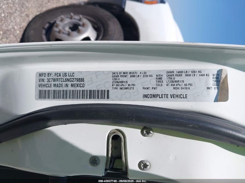 2022 Ram 3500 Chassis Tradesman/Slt/Laramie/Limited VIN: 3C7WRTCL6NG279886 Lot: 43037748