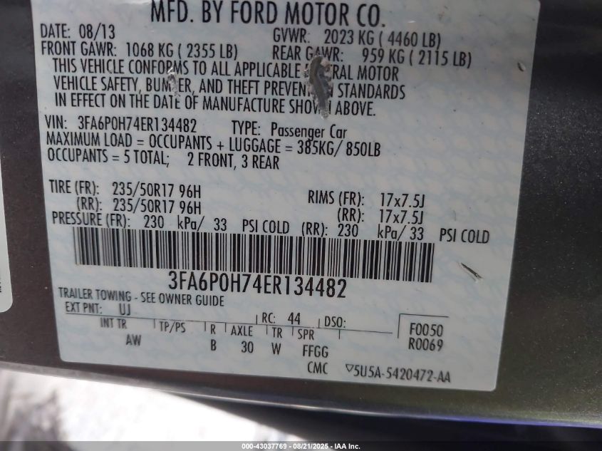 2014 Ford Fusion Se VIN: 3FA6P0H74ER134482 Lot: 43037769