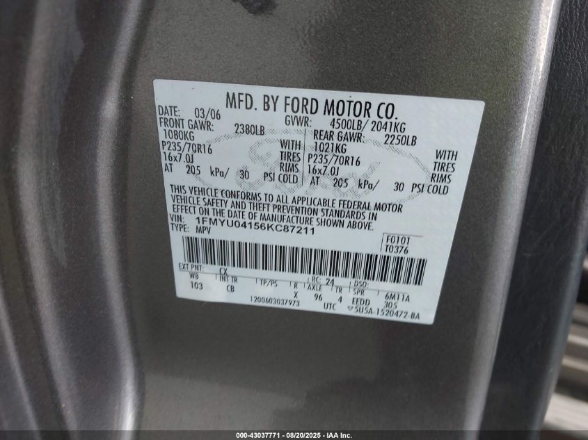 2006 Ford Escape Limited VIN: 1FMYU04156KC87211 Lot: 43037771