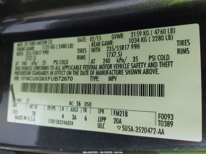 2015 Ford Escape Se VIN: 1FMCU0G9XFUB72670 Lot: 43037821