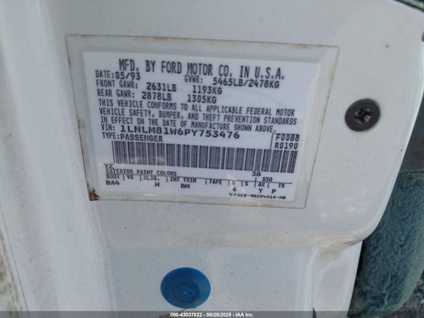 1993 Lincoln Town Car Executive VIN: 1LNLM81W6PY753476 Lot: 43037822