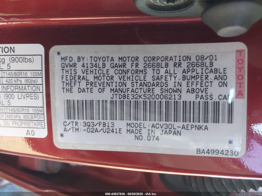 2002 Toyota Camry Le VIN: JTDBE32K520006213 Lot: 43037836