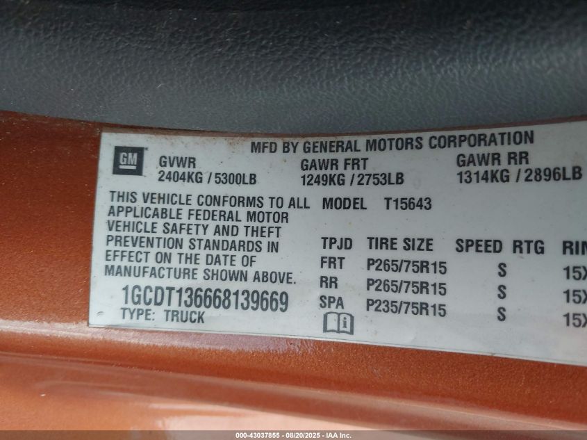 2006 Chevrolet Colorado Lt VIN: 1GCDT136668139669 Lot: 43037855