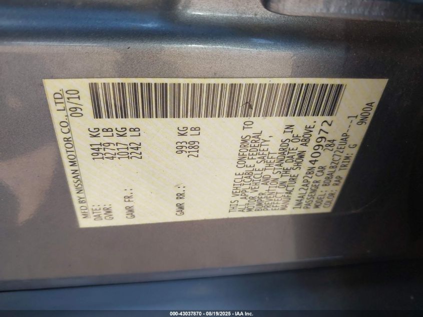 2011 Nissan Altima 2.5 S VIN: 1N4AL2AP2BN409972 Lot: 43037870