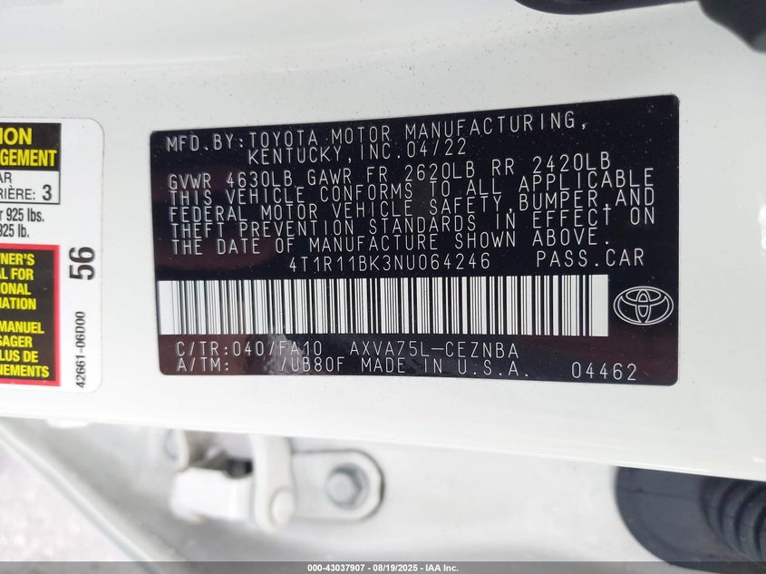 2022 Toyota Camry Le Awd VIN: 4T1R11BK3NU064246 Lot: 43037907