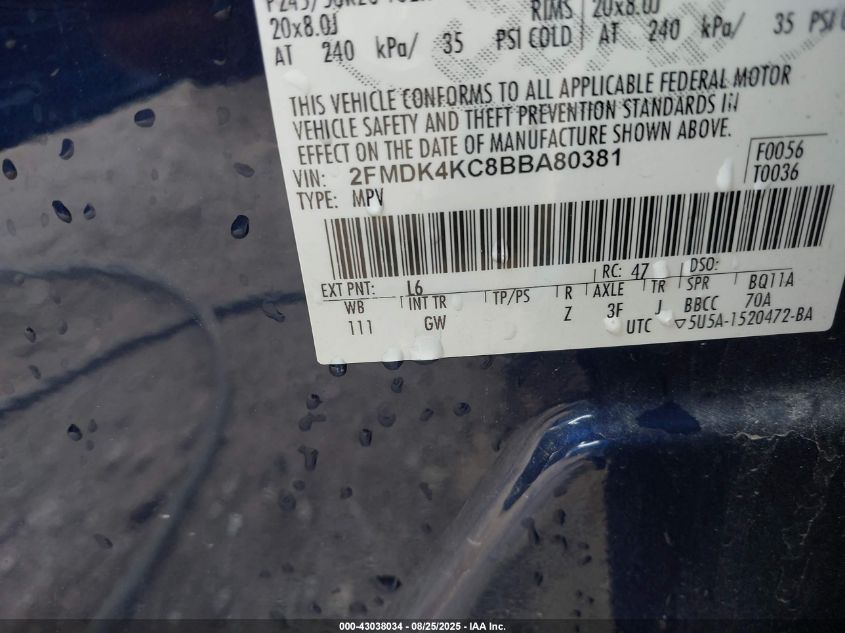 2011 Ford Edge Limited VIN: 2FMDK4KC8BBA80381 Lot: 43038034