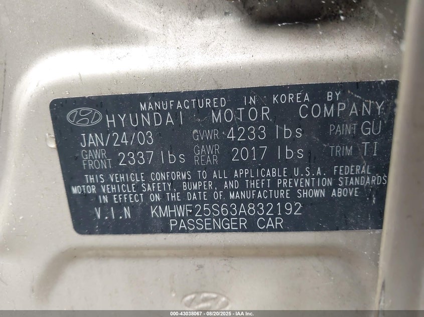 2003 Hyundai Sonata VIN: KMHWF25S63A832192 Lot: 43038067