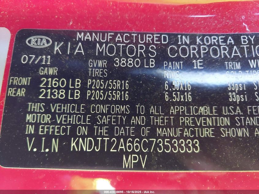 2012 Kia Soul + VIN: KNDJT2A66C7353333 Lot: 43038095