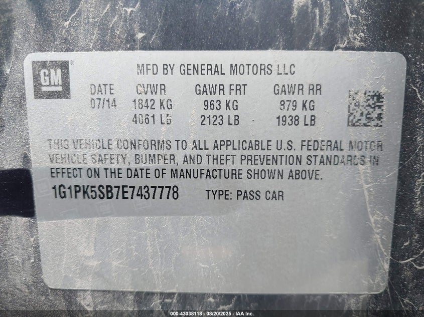 2014 CHEVROLET CRUZE LT 1G1PK5SB7E7437778