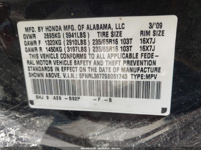 2009 Honda Odyssey Ex-L VIN: 5FNRL38729B051743 Lot: 43038229