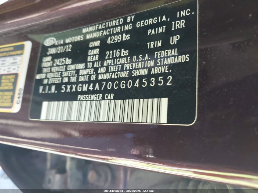 2012 Kia Optima Lx VIN: 5XXGM4A70CG045352 Lot: 43038253