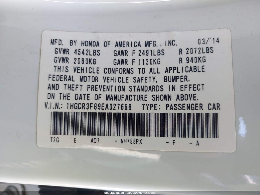 1HGCR3F89EA027668 2014 HONDA ACCORD photo no. 9