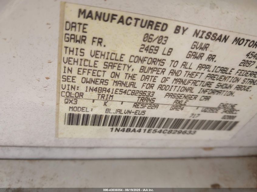 2004 Nissan Maxima 3.5 Se VIN: 1N4BA41E54C829633 Lot: 43038354