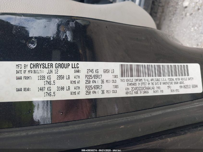 2012 Dodge Grand Caravan Crew VIN: 2C4RDGDGXCR404140 Lot: 43038374