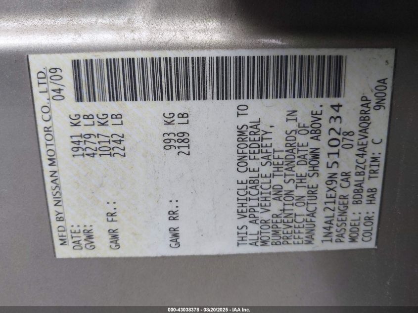 2009 Nissan Altima 2.5 S VIN: 1N4AL21EX9N510234 Lot: 43038378