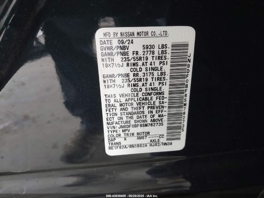 2025 Nissan Ariya Evolve+ VIN: JN8DF0BF6SM762735 Lot: 43038409