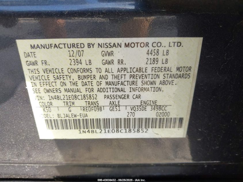 2008 Nissan Altima 3.5 Sl VIN: 1N4BL21E08C185852 Lot: 43038432