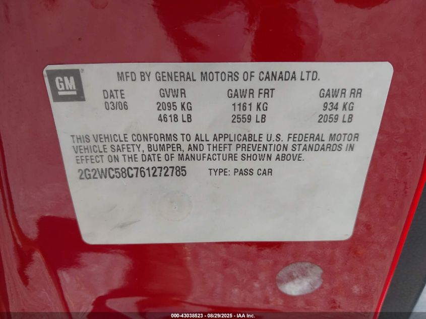 2006 Pontiac Grand Prix Gxp VIN: 2G2WC58C761272785 Lot: 43038523