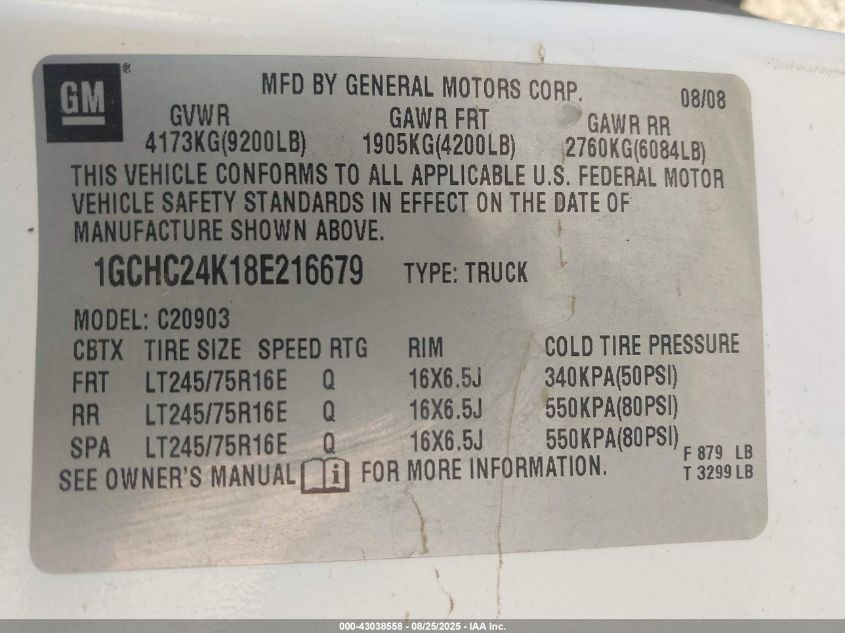 2008 Chevrolet Silverado 2500Hd Work Truck VIN: 1GCHK24K38E106364 Lot: 43038558