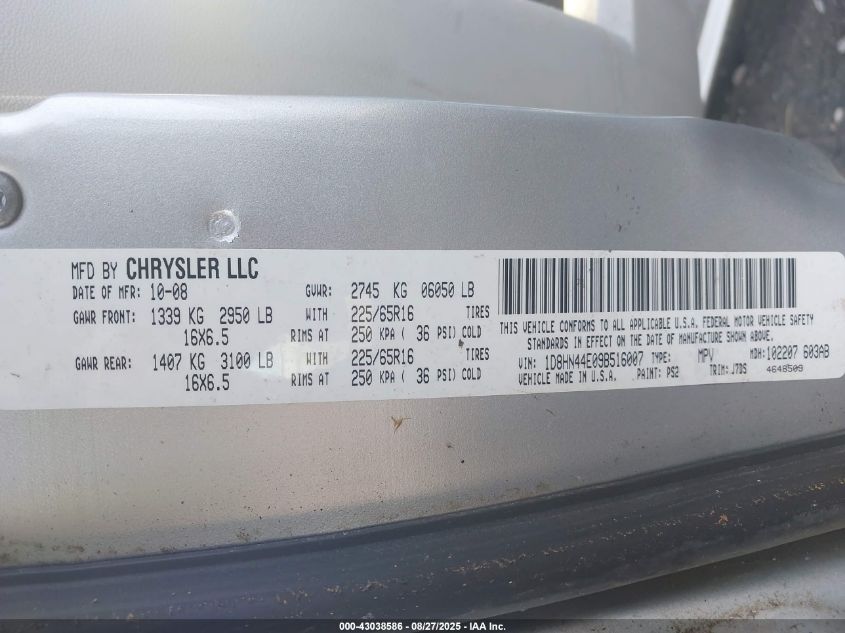 2009 Dodge Grand Caravan Se VIN: 1D8HN44E098516007 Lot: 43038586