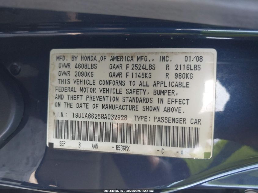 2008 Acura Tl 3.2 VIN: 19UUA66258A032928 Lot: 43038736